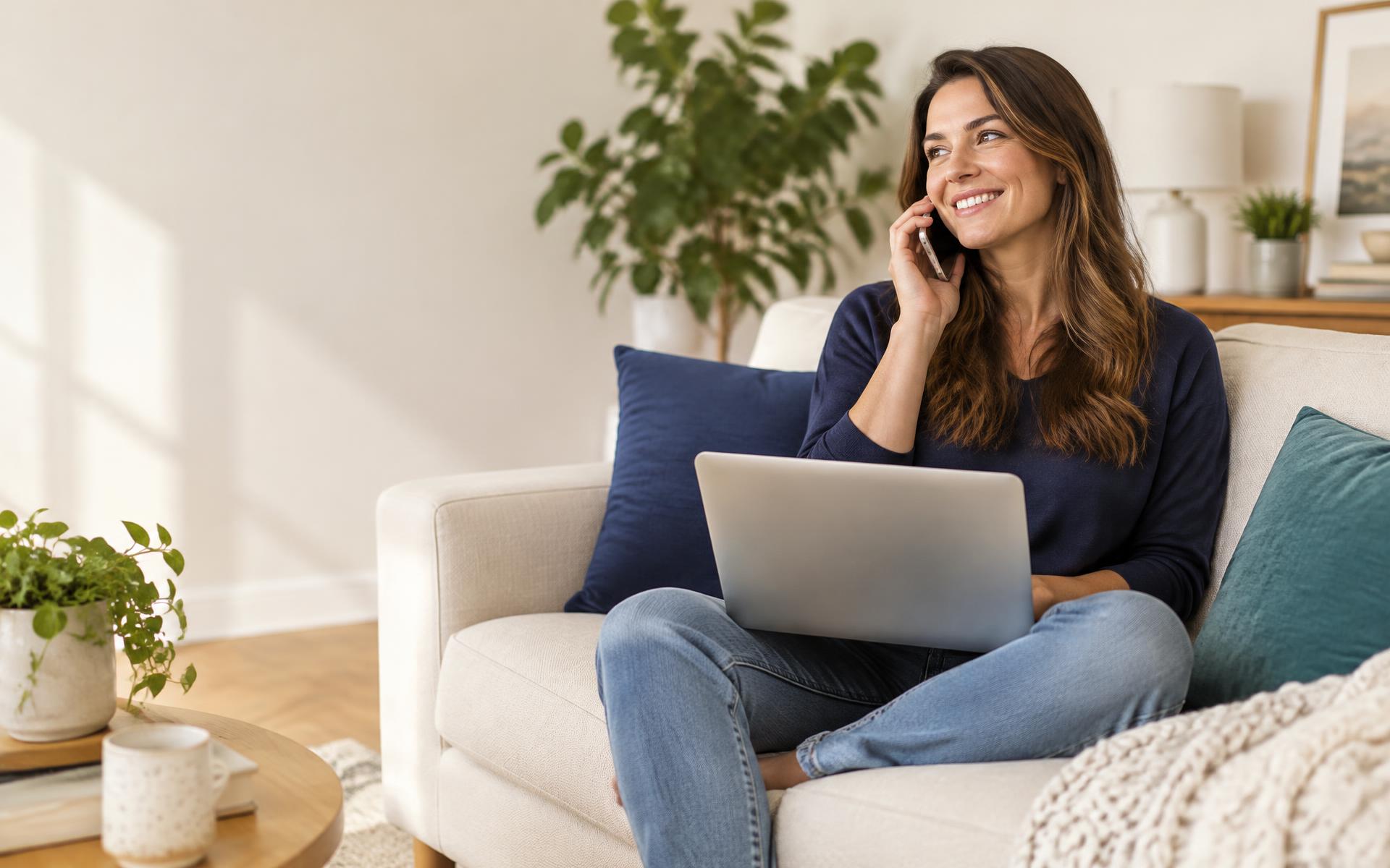 An entrepreneur smiling while talking on her phone, laptop on her lap, sitting on her sofa at home
